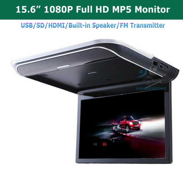 

car video 15.6" ceiling roof monitor touch screen overhead flip down mount hd 1080p hdmi usb sd fm loudspeaker mp5 player
