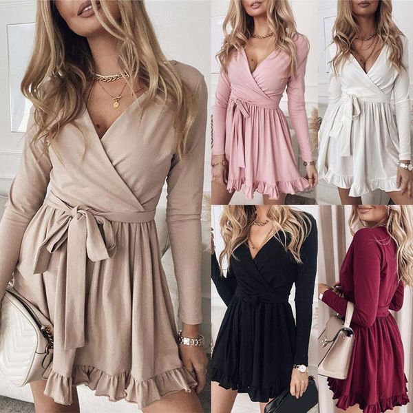 

casual dresses woman black v-neck ruffles long-sleeve dress female slim waist summer office lady vestidos 2021, Black;gray
