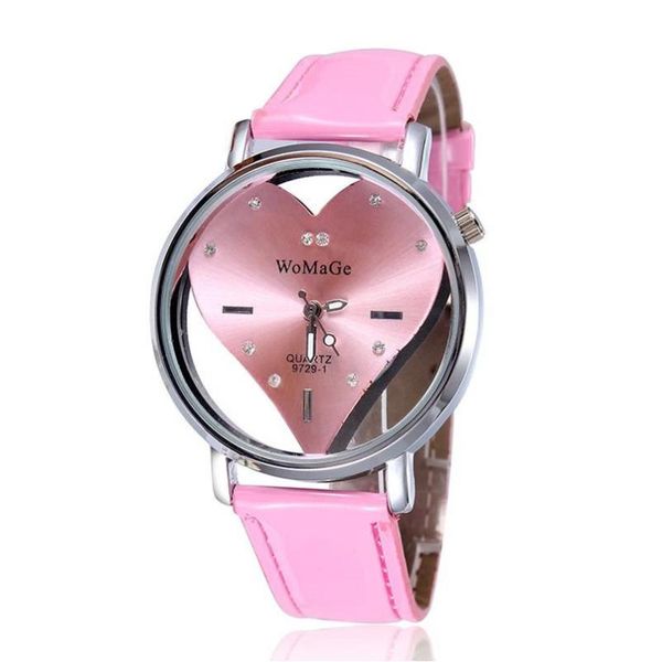 

wristwatches fashion transparent heart-shaped hollow dial women dress wristwatch leather strap quartz watches relogio feminino, Slivery;brown