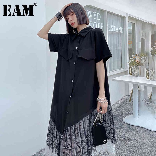 

[eam] women black spliced lace pocket elegant dress lapel half sleeve loose fit fashion spring summer 1dd8265 210512, Black;gray