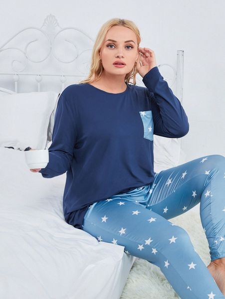 

plus star print pj set 28u6#, Black;white