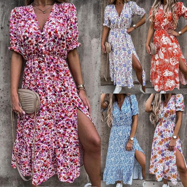 

casual dresses autumn winter long floral print dress robe women 2021 sleeve split female boho elegant vacation party vestidos, Black;gray