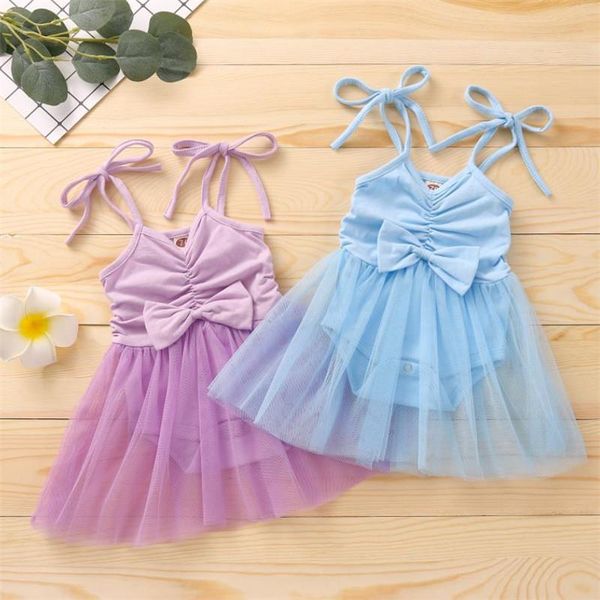 

girl's dresses 2021 kid camisole romper dress with bow decoration tutu mesh stitching sweet style summer clothing for 0-24 months, Red;yellow