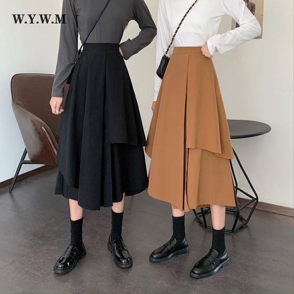 

skirts wywm 2021 korean irregular high waist skirt women minimalism casual fashion thin a-line all-match female clothing, Black