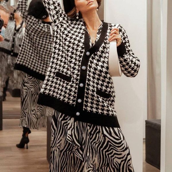 

women's knits & tees sweater oversized cardigans women houndstooth jacket v-neck autumn winter 2021 chic knitted loose warm coat, White