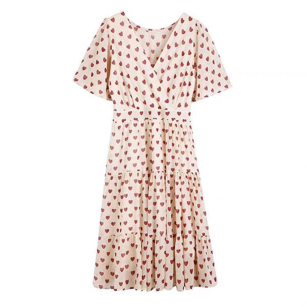 

perhaps u women black red green love heart-shaped print v neck dress short sleeve empire chiffon knee length dress summer d2653 210529, Black;gray