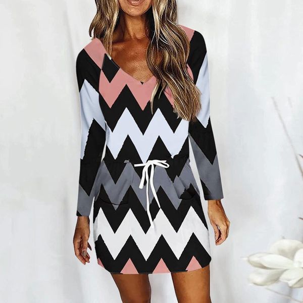 

casual dresses women drawstring long sleeve patchwork wave striped print office lady work dress v-neck party high waist sundress, Black;gray