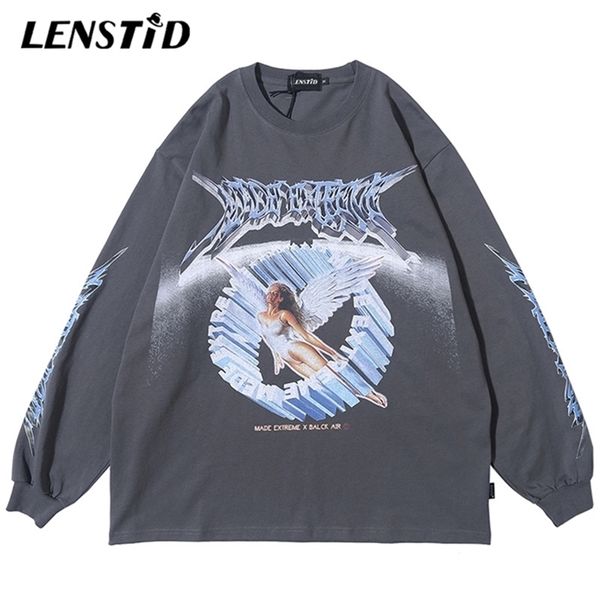 

lenstid men hip hop streetwear angel print t shirt harajuku oversize tshirts long sleeve fashion large t-shirt cotton tees 220302, White;black