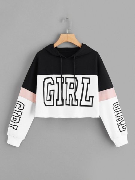 

color-block letter graphic drawstring hoodie e0kx#, White;black