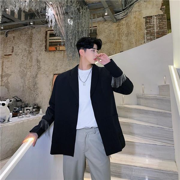

men's suits & blazers male streetwear hip hop punk blazer jacket overcoat men metal tassel back slit casual suit coat outerwear stage s, White;black