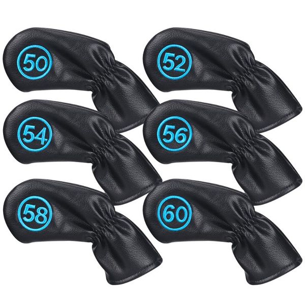 

6pcs/set (50 52 54 56 58 60) golf wedge clubs head covers long neck 2-side no.embroidery elastic closure black pu leather complete set of