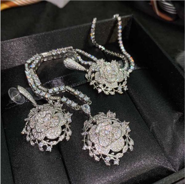 

earrings & necklace women temperament ladies hollow exquisite rose flower-shaped flower cluster ring opening accessory set, Silver