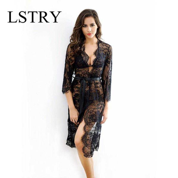 Donne Sexy Deep Neck Lace Lingerie Sleepwear Dress Intimo Camicia da notte Camicia da notte nera bianca chemise de nui 210924