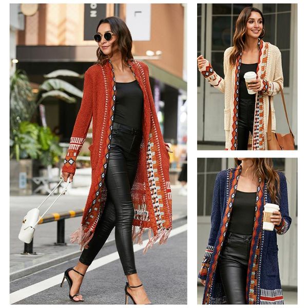 

women's knits & tees europe and america spring autumn retro fringed cardigan jacket loose long sleeve bohemian knitted sweater 2021 fem, White