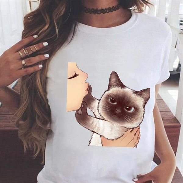 

graphic cat girl cute watercolor womens short sleeve 90s fashion cartoon summer print female clothes tees shirt, White