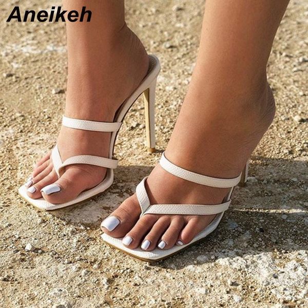 

aneikeh slippers women summer head peep toe high heel fashion narrow band thin heels slides ladies party shoe, Black