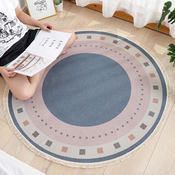 

retro geometric rug round cotton linen carpet 90cm bedroom flower floral floor door chair baby play mat pad carpets