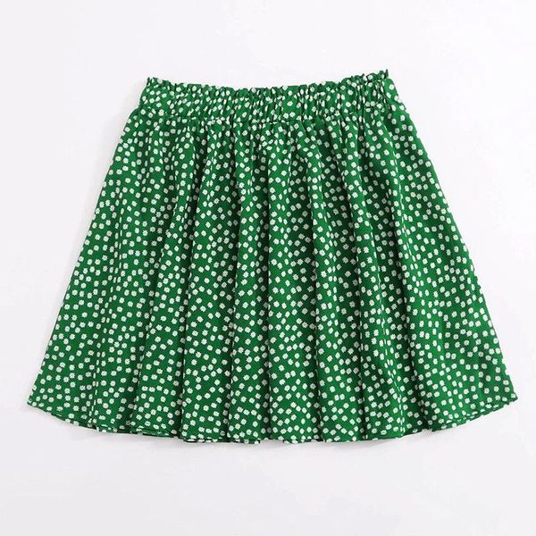 

sweet green floral print mini women skirt a-line empire pleated lady skirts, Black