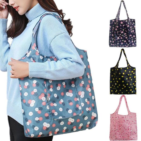 

women foldable floral shopping bag large capacity folding eco grocery pouch female cartoon reusable fruit vegetable tote handbag bags