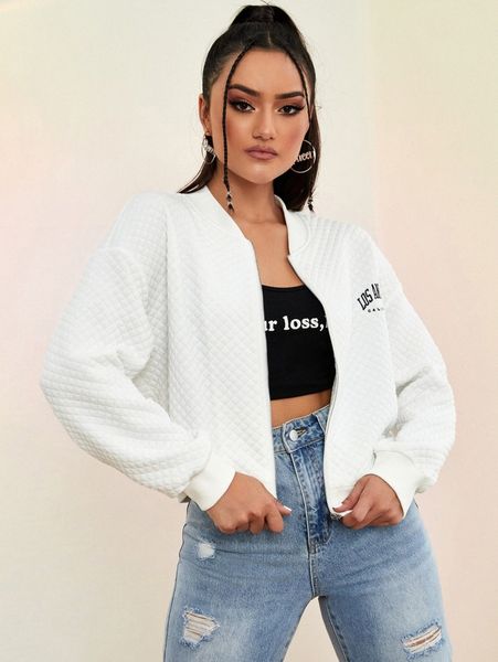 

letter embroidery argyle quilted drop shoulder bomber jacket v6md#, Black;brown
