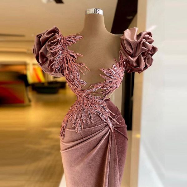 

party dresses elegant velvet evening puffy flower sleeves ruffles mermaid sequins long women plus size pageant prom gowns, White;black
