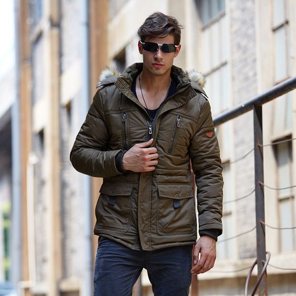 

men casual padded jacket with fluff collar hood, Black;brown