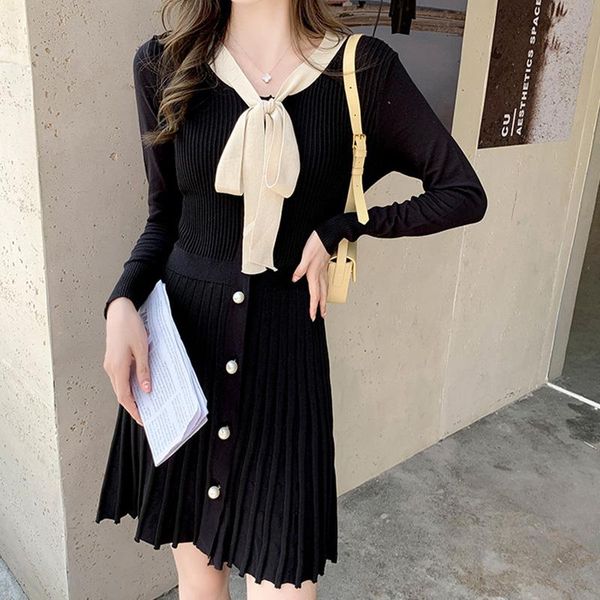 

casual dresses fashion vintage print elegant dress 2021 autumn women long sleeve bow collar female soild a-line, Black;gray