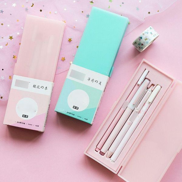 

gel pens macaroon color pink mint sakura pen set with pencil box the office 0.5mm black ink cute school girls gift stationery