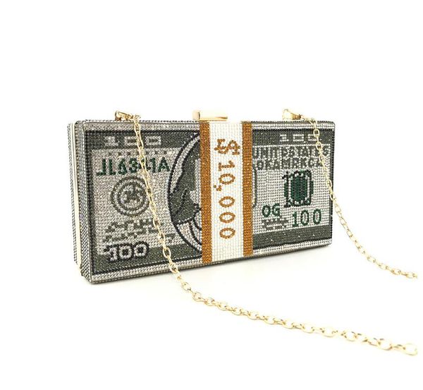 

10000 dollars chain bag money clutch rhinestone purse stack of cash evening handbags shoulder wedding dinner bags 8 color 052902