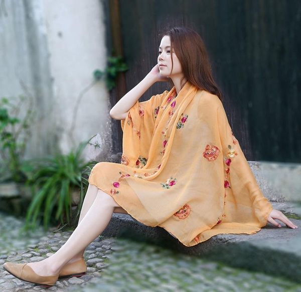 

scarves vohio foulard femme 180*90cm women scarf female flower folk style cotton embroidery shawls extended warm cashew, Blue;gray