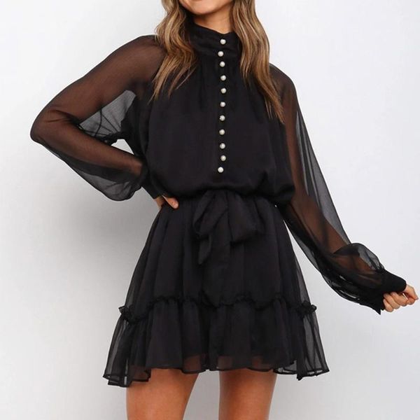 

casual dresses black summer women's dress half a turtleneck see through tie up long sleeve line office lady skirt suit party, Black;gray