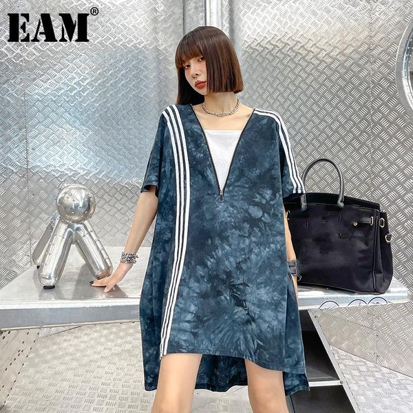 

casual dresses [eam] women blue irregular tie dye striped zipper dress v-neck short sleeve loose fit fashion tide spring summer 2021 1dd8882, Black;gray