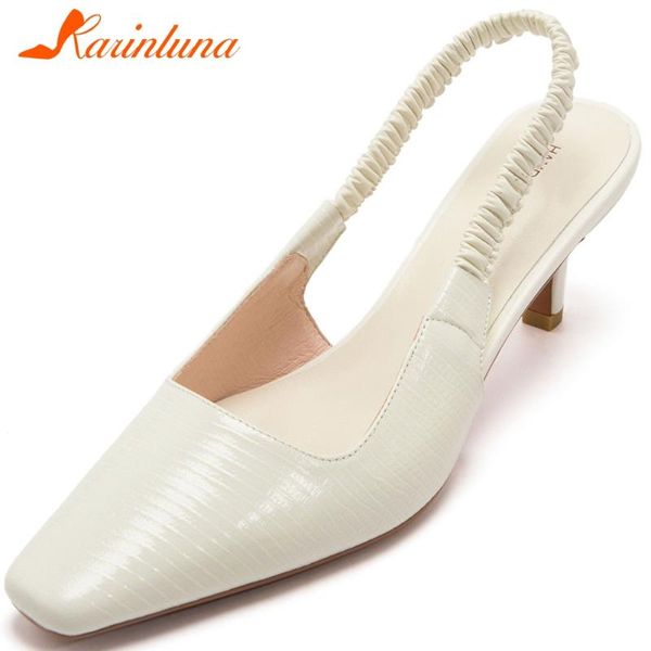 

female genuine leather thin heel summer sandals slip on elastic band solid women brand shoes, Black