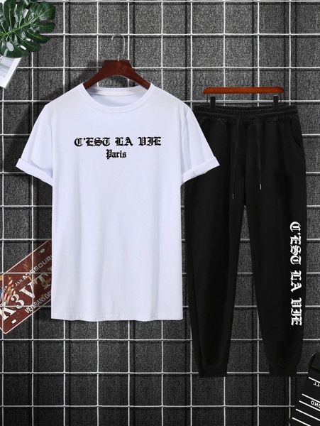 

men slogan graphic tee & drawstring waist sweatpants y8fn#, Gray