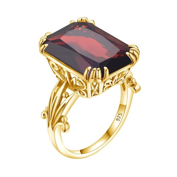 

szjinao luxury 13*18mm red garne rings for women rectangle created gemstone solid 925 sterling silver gold plated jewelry gifts 211217, Slivery;golden