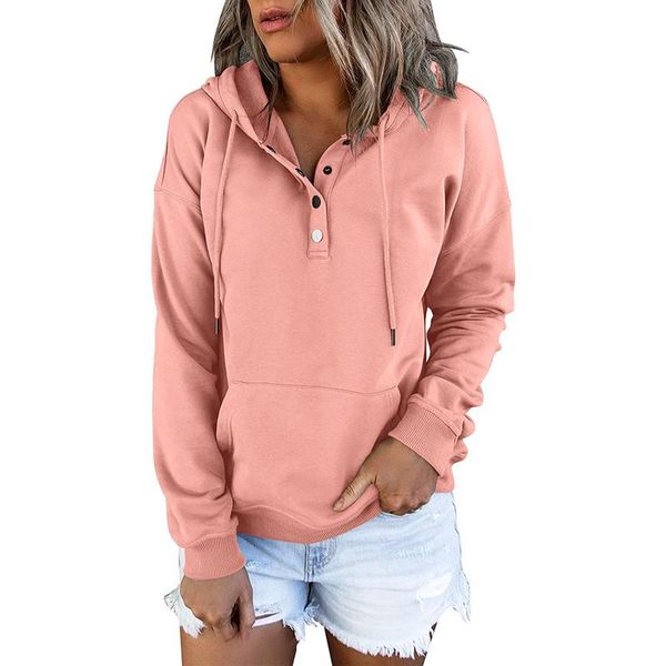 

women's hoodies & sweatshirts solid pullover button long sleeve pocket casual oversizeddrawstring hoodie sudaderas con capucha, Black