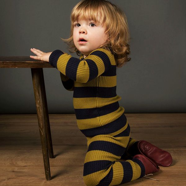 

autumn and winter children's knitted bottoms striped home clothes set boys girls' christmas pullover sweater infant, White