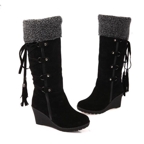 

boots plush round toe slope with high-tube snow women's fringed mid-tube booties for female 2021 large size 43, Black