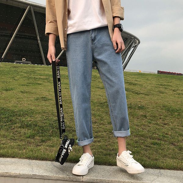 

men's jeans spring autumn boys biker denim loose straight wide leg port wind teenagers casual pants male homme, Blue