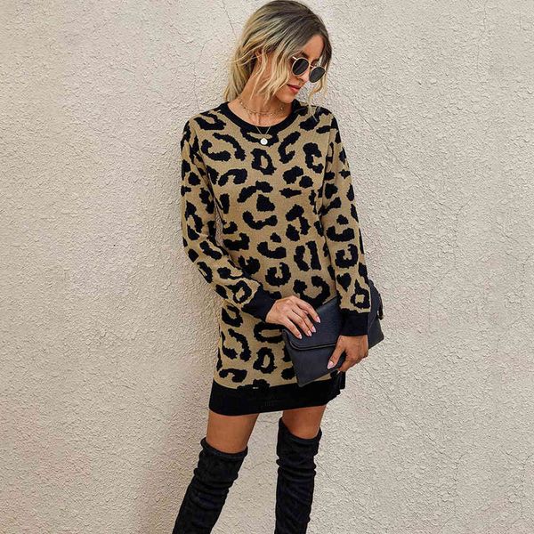 

casual dresses sweater dress long sleeve autumn winter elegant ladies leopard knitted warm office trendy clothes for women fall fe, Black;gray