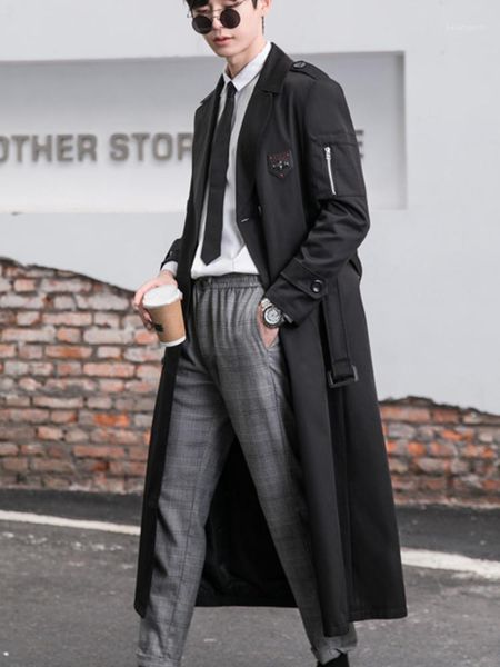 

men's trench coats windbreaker long casual trend handsome over knee retro coat spring and autumn ruffian large, Tan;black