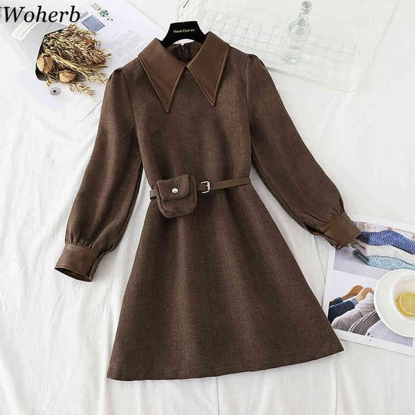 

woolen thicked dress women office lady fashion korean vestidos fall clothes robe temperament slim waist mini dresses 210417, White