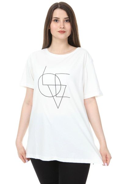 

women's t-shirt plus size o-neck print half sleeve knitted ecru, White