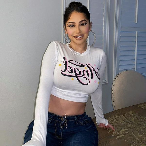 

women's t-shirt 2021 women fashion letter print stylish long sleeve round neck crop ladies autumn casual slim fitting tees, White
