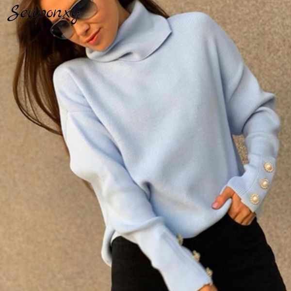

women's sweaters autumn and winter solid color loose knit pullover 2021 fashion neck long sleeve casual sweater, White;black