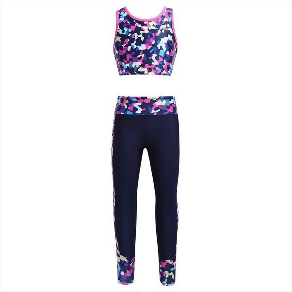 

kids girls fashion childrens clothing gymnastics fitness dance costumes digital print racer back crop with leggings, White