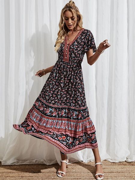 

casual dresses happie queens women floral print v-neck beach bohemian madi dress ladies cotton boho pleated vestidos, Black;gray