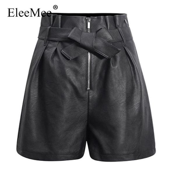 

women's shorts eleemee 2021 pu leather for women high waist sashes zipper slim ladies faux streetwear size xs, White;black