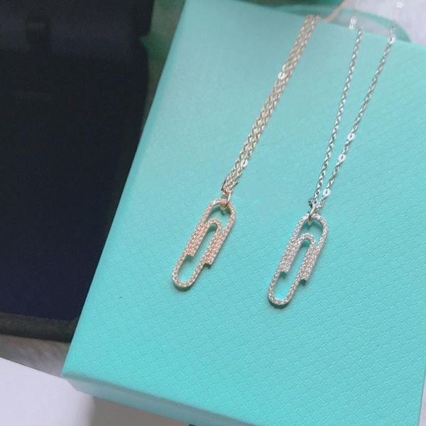 

chains 2021 high-quality tif 925 1:1 rose gold with diamonds sparkling paperclip necklace luxury jewelry fashion brand woman, Silver