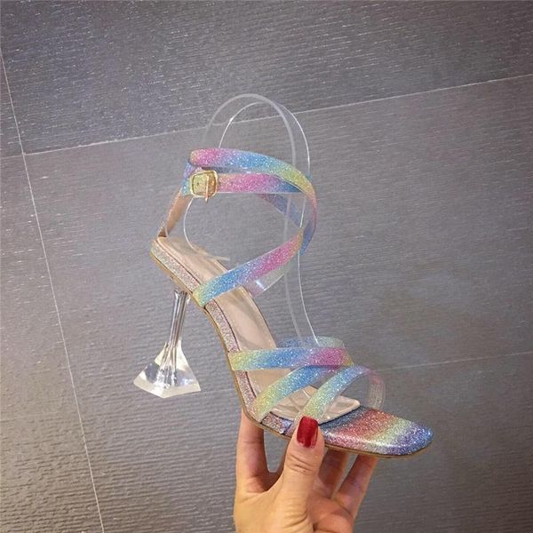 

2021 bling transparent strappy sandals women rainbow clear heels celebrity wearing gladiator shoes, Black